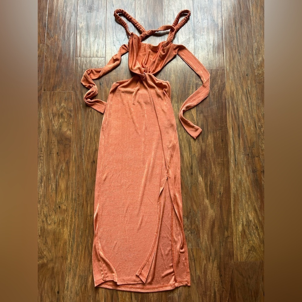 Hello Molly Rust Orange Midi Dress with Twisted Straps